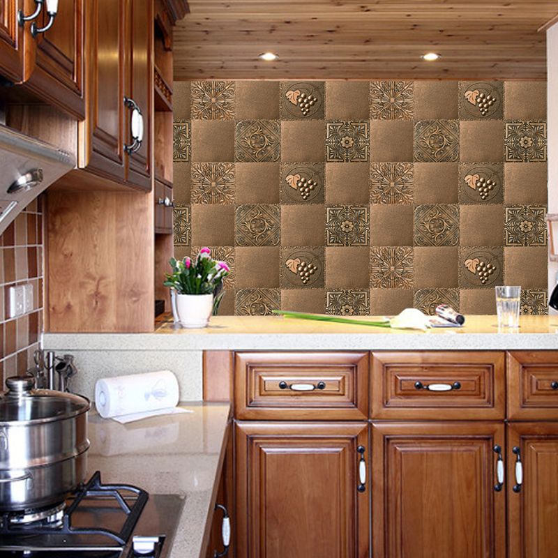 Mosaic Tile Medallion Wallpaper Panels Retro Smooth Adhesive Wall Art in Dark Brown (12 Pcs)