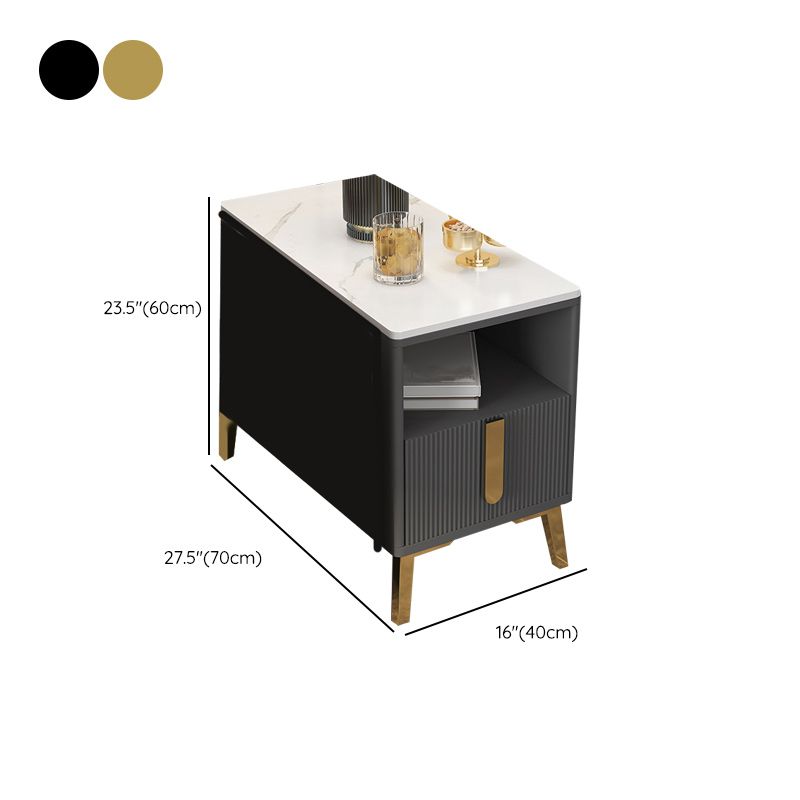 4 Legs Glam Side Table Stone Top Side Table with Shelf and Drawer