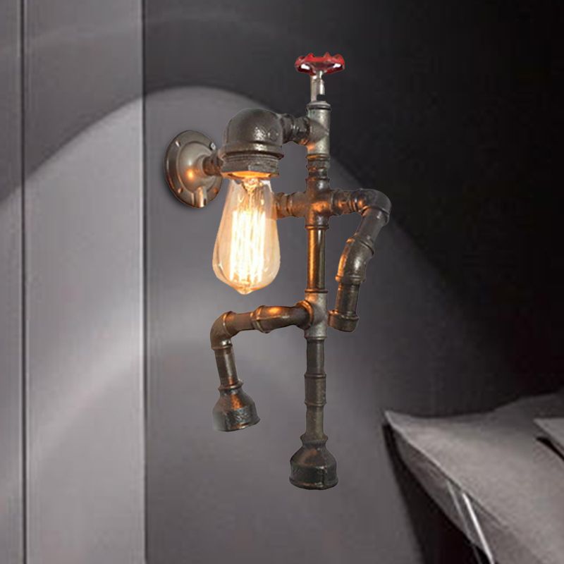 Bronze Finish Robot Sconce Light with Expose Bulb and Red Valve Vintage Metallic 1 Head Hallway Wall Lighting