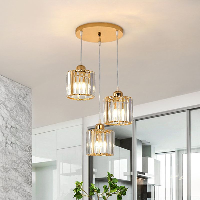 Cube Shaped Multi Ceiling Lamp Simplicity Crystal 3 Bulbs Dining Room Suspension Light Fixture in Gold