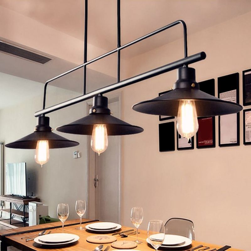 3-Lights Wrought Iron Island Light Industrial Style Metal Saucer Shade Lighting Pendant in Black