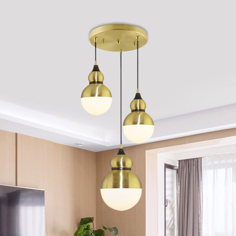 Gourd Dinette Multi-Light Pendant Cream Matte Glass 3 Bulbs Modernism Hanging Light in Brass