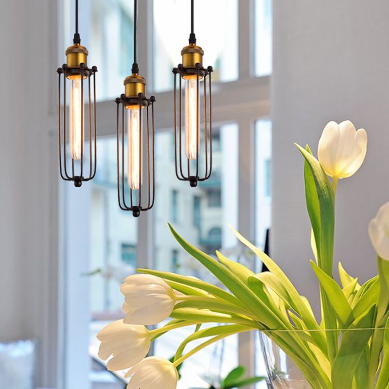 Vintage Industrial Cylindrical Wire Cage Pendant Light Black Metal Suspension Light for Living Room