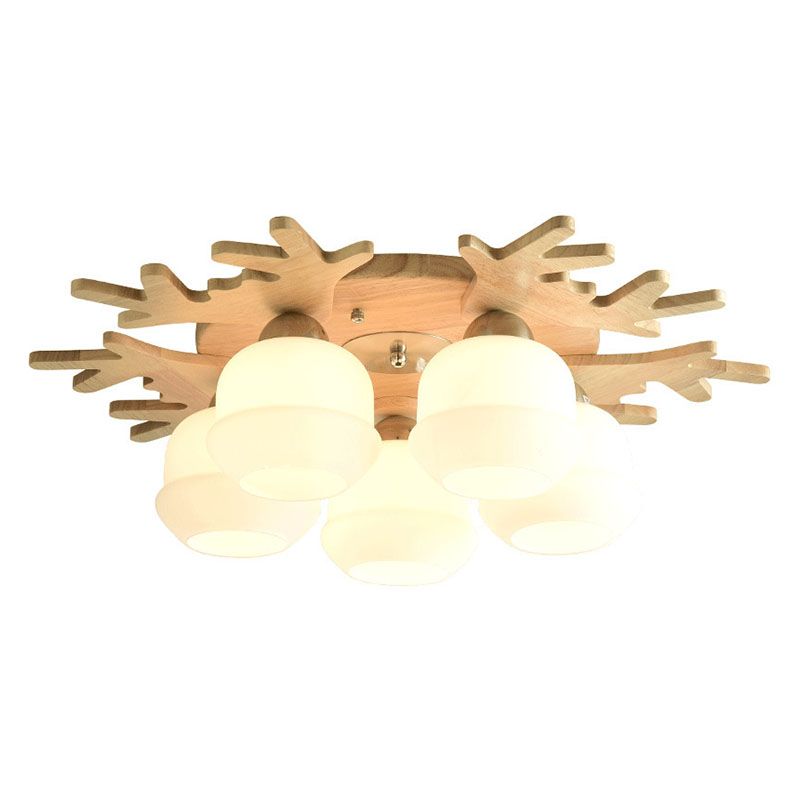 Lémier de montage de plafond en bois nordique en bois Semi-Flush Light avec une teinte en verre blanche