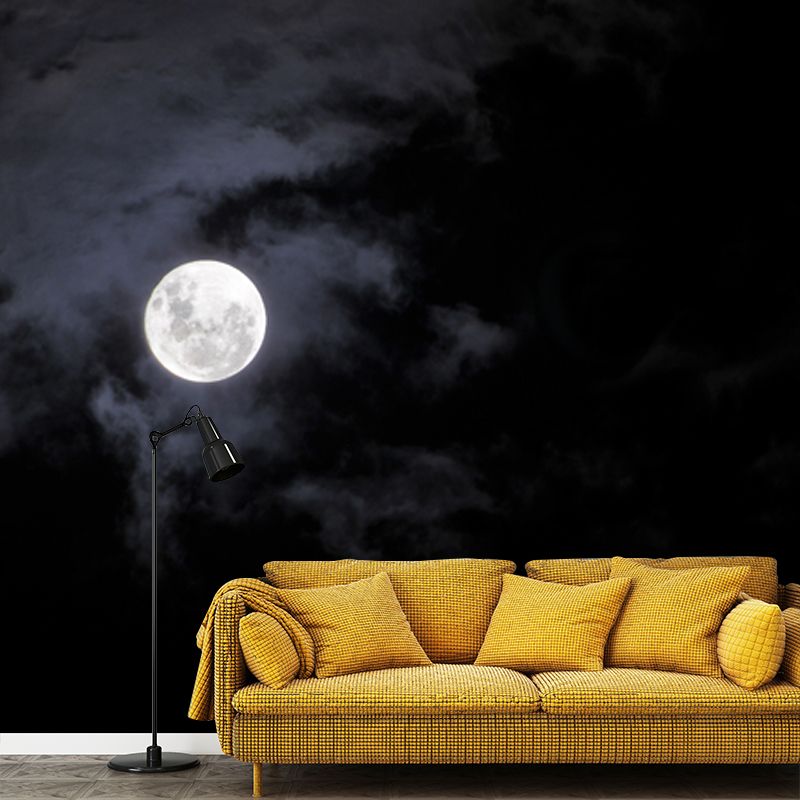 Moon on Misty Sky Mural Decal in Black-White Modern Art Wall Covering for Accent Wall