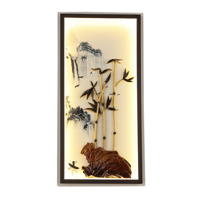 Chinese LED Wall Light Fixture Black Bamboo and Mountain Mural Lamp with Metal Frame