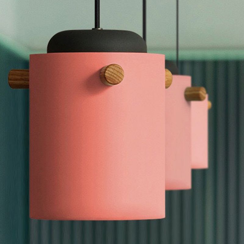 Cylindrical Metal Pendant Lamp Macaron 1 Head Solid Wood Ceiling Hanging Light