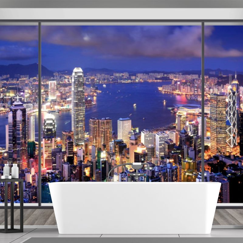 Modern City Scenery Wall Mural for Meeting Room Decoration, Custom-Made Wall Art in Blue and Purple