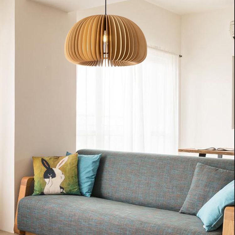 Beige Wood Slatted Hanging Light Chinese Style 1 Light  Restaurant Ceiling Pendant Lamp