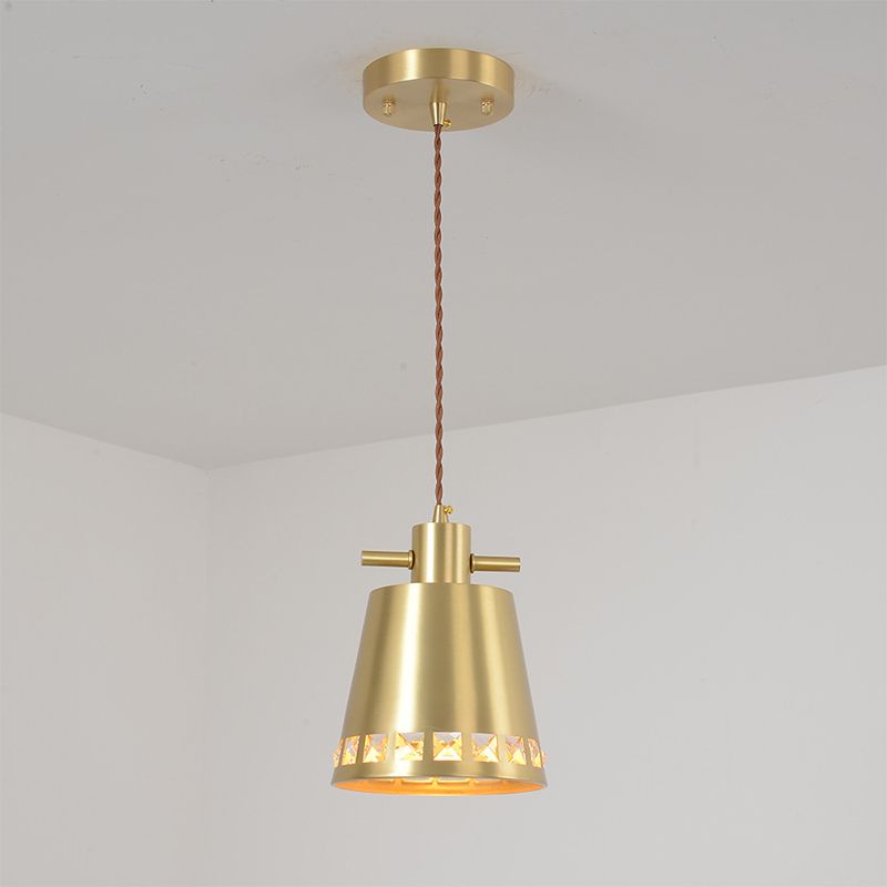 Metal Conical Down Lighting Post Modern 1 Head Brass Pendant with Crystal Embedded Edge Design