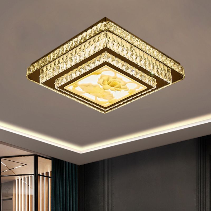 Stainless-Steel Square Flush Mount Fixture Modern Clear Rectangular-Cut Crystals Bedroom LED Ceiling Light