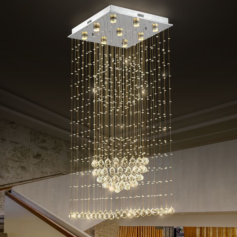 Modernist Waterfall Pendant Light 9-Bulb Crystal LED Multi Ceiling Lamp in Silver with Square Canopy