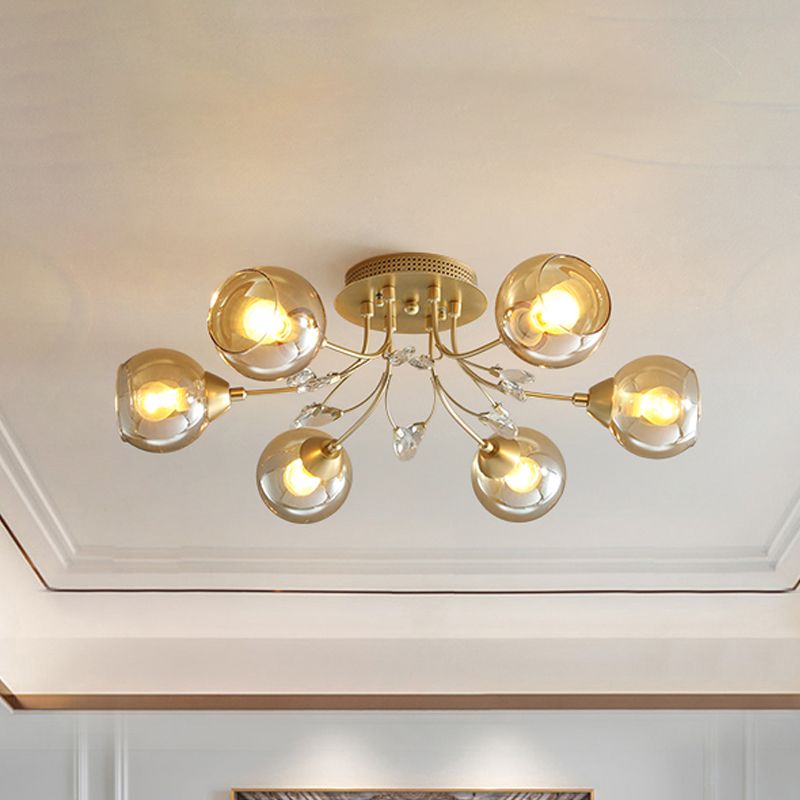 Amber Glass Ball Semi plafondspoeling Licht traditioneel 6/9-licht woonkamer spoeling licht armatuur met kristal accent
