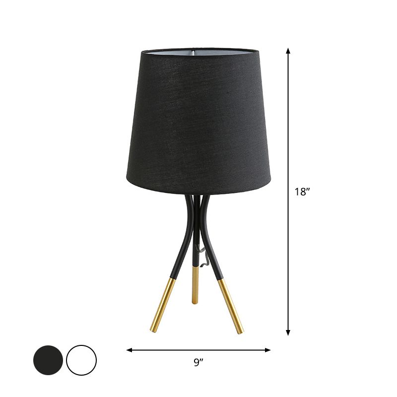 Conical Fabric 3-Leg Table Lamp Nordic 1 Bulb Black/White and Gold Night Stand Light for Bedroom