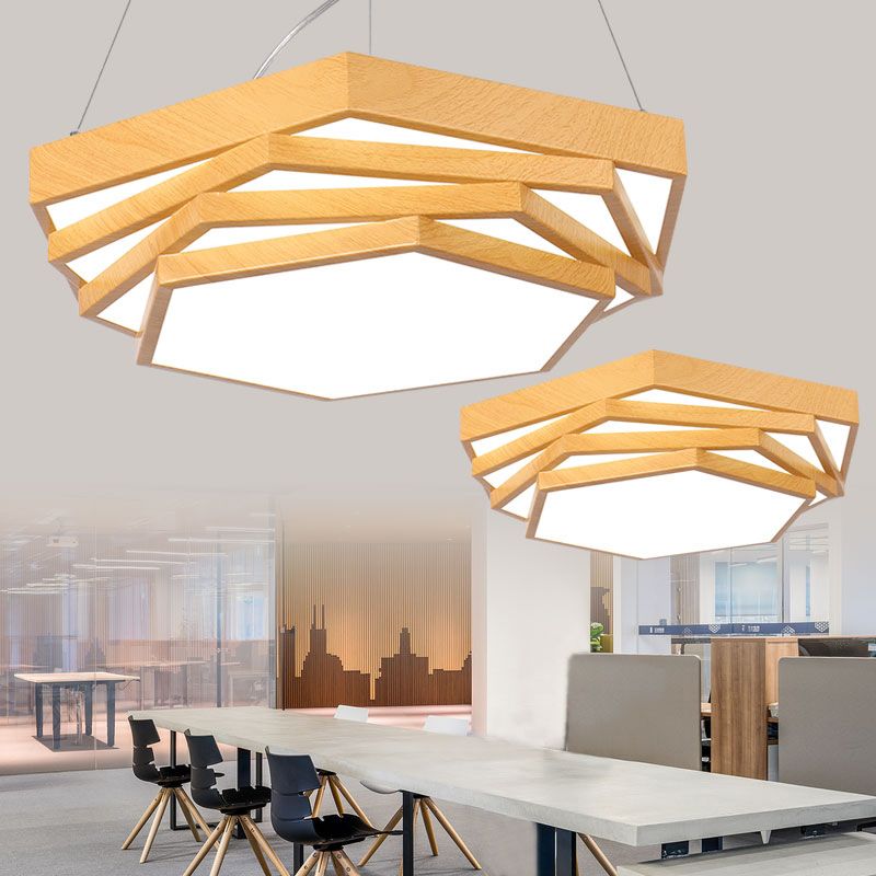 Spiraler Sechseckbüro Kronleuchter Acryl moderne LED -Federbeleuchtung in hellem Holz