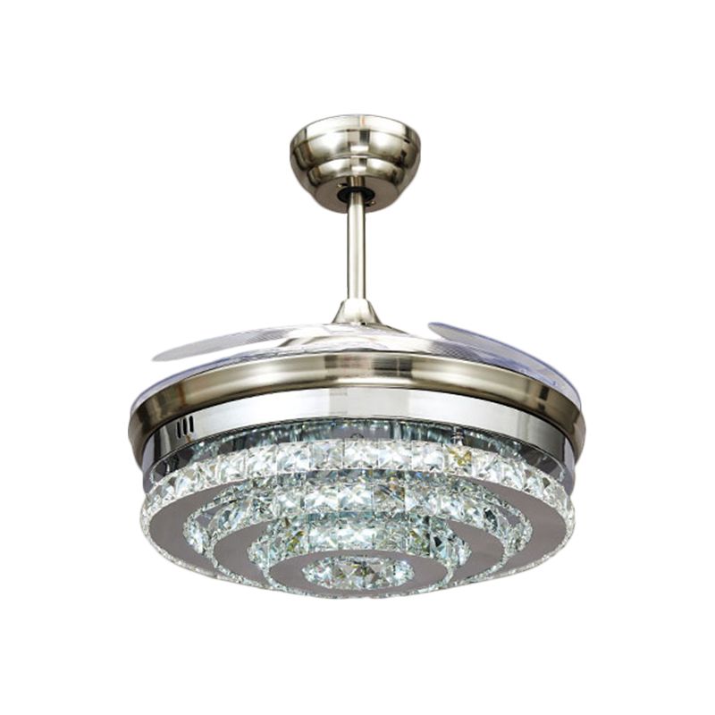 Tiered Round Crystal Block Semi Flush Modernism LED Chrome Pendant Fan Light Fixture, 19" Width