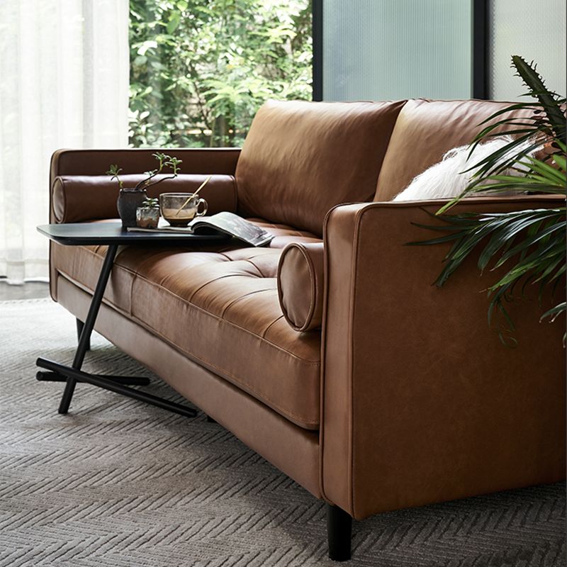 American Traditional Genuine Leather Cushions Sofa 33.46"High Square Arm Sofa,Dark Brown