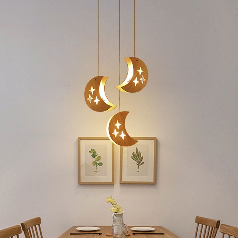 Hollowed-out Wooden Multi Pendant Light Minimalist 3-Bulb Beige Hanging Light for Dining Room