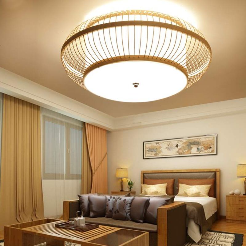 Drum Bamboo Flush Mount Lamp Asian Style Ceiling Lamp for Sitting Room