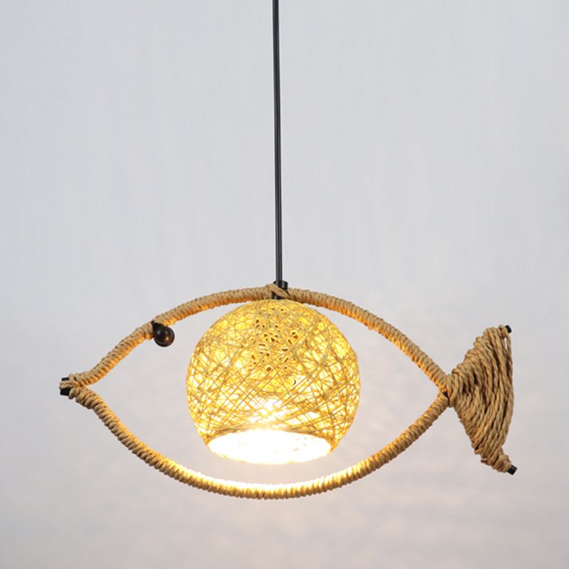 Hemp Rope Fish Suspension Lighting Retro Restaurant Pendant Ceiling Light with Globe Rattan Shade in Brown