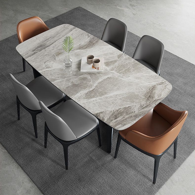 Mesa industrial rectangular con base de caballete, mesa fija en tono gris con piedra sinterizada