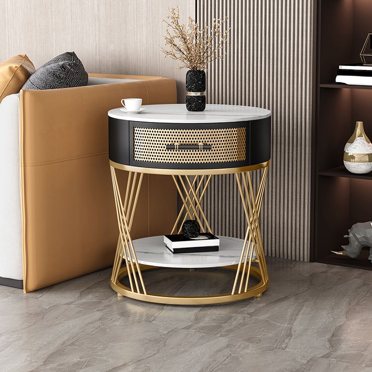 Modernistic Metal Frame End Table Slate Top Round Side End Table