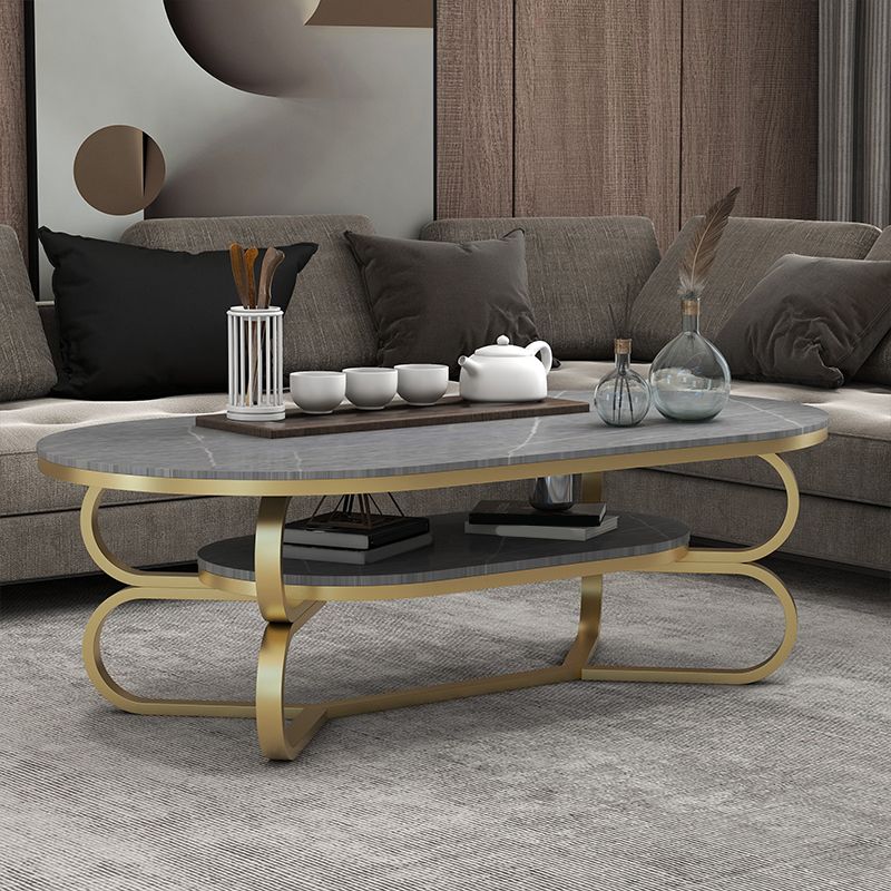 Metal Abstract Base Cocktail Table Oval Slate Top Coffee Table with Shelf