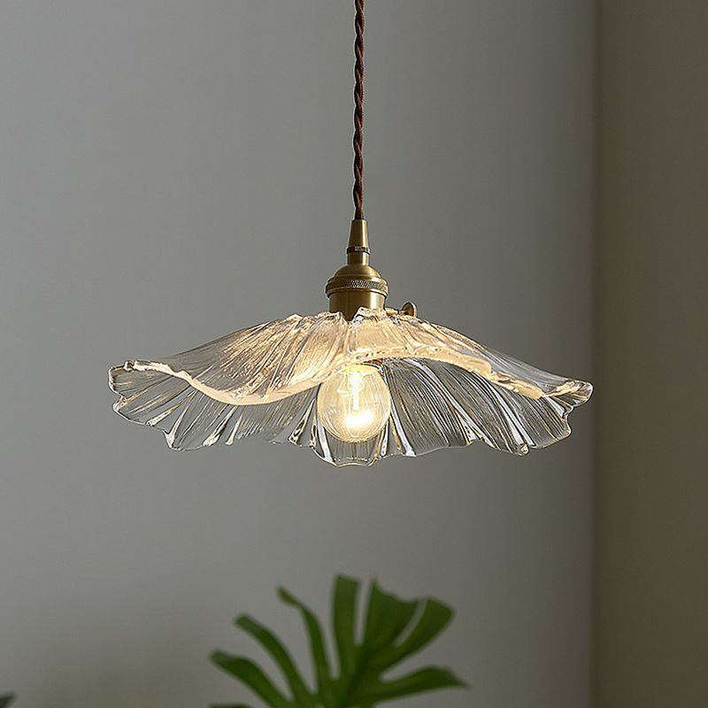 Antique Floral Pendant Light 1-Light Ruffle Glass Hanging Light Fixture for Restaurant