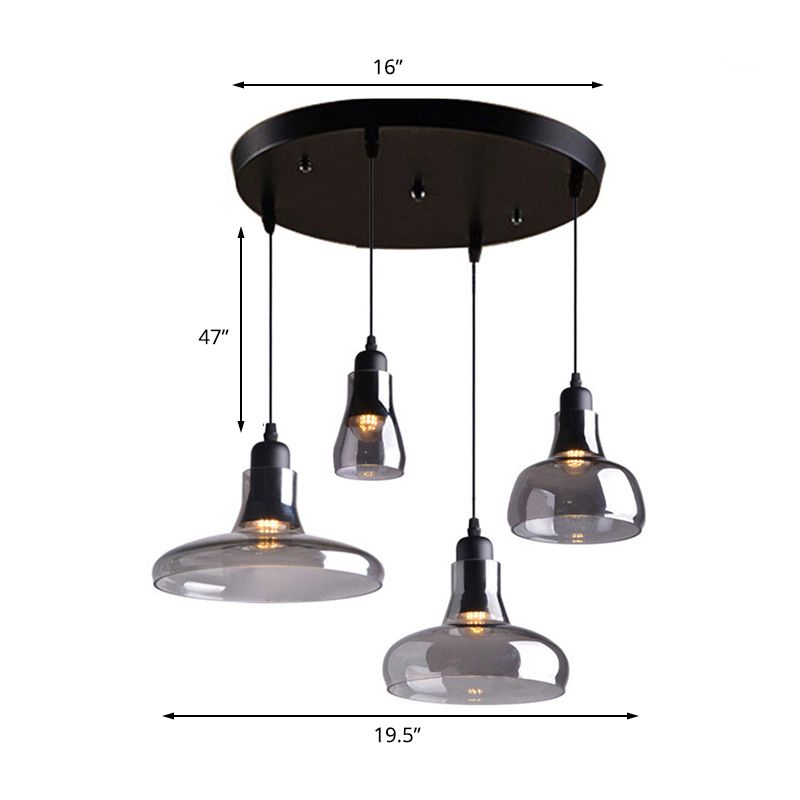 4 Lights Round/Linear Canopy Multi Pendant with Different Shade Smoked Glass Modern Dining Room Hanging Ceiling Light