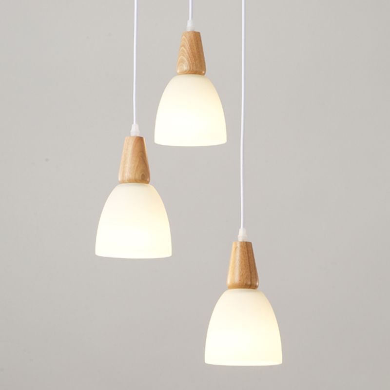 Lampada a sospensione nordica in legno piccolo sospensione con tonalità di vetro bianco per sala da pranzo