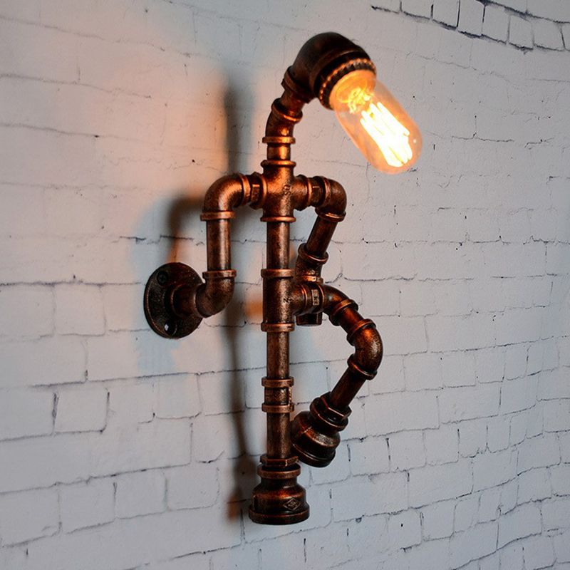 Iron Robot Wall Mounted Lamp Industrial Style 1 Bulb Bedroom Wall Sconce in Rust
