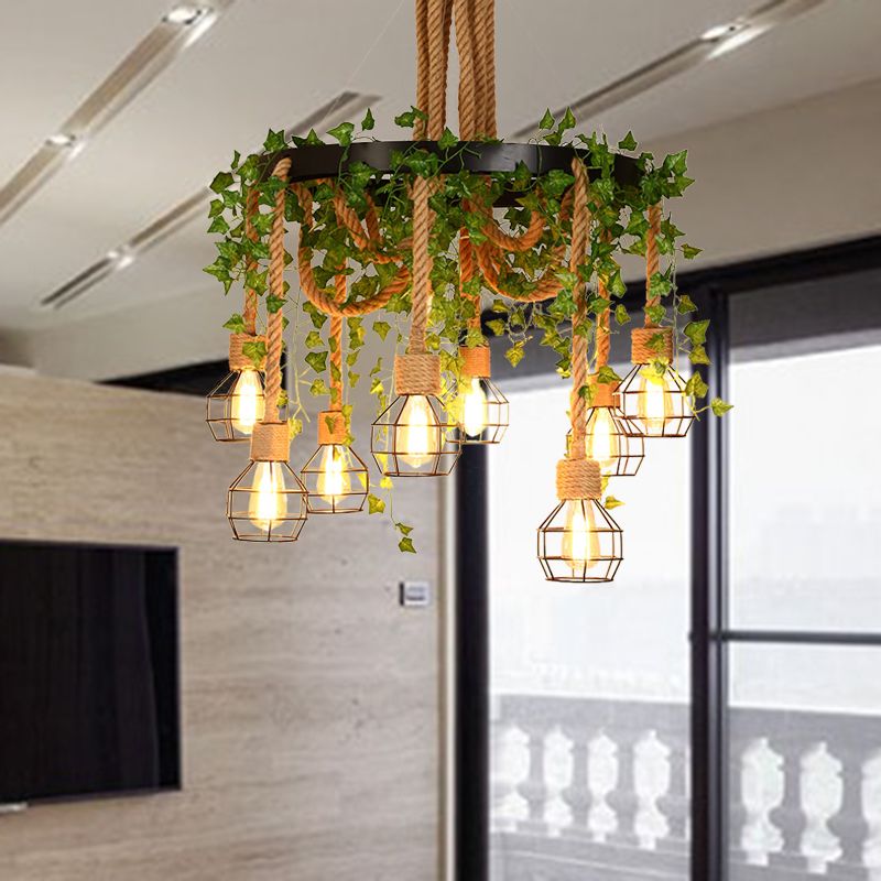 Bulbo expuesto restaurante colgante colgante de cáñamo industrial 8 bulbos lámpara de caída de led rosa/verde con flor/planta