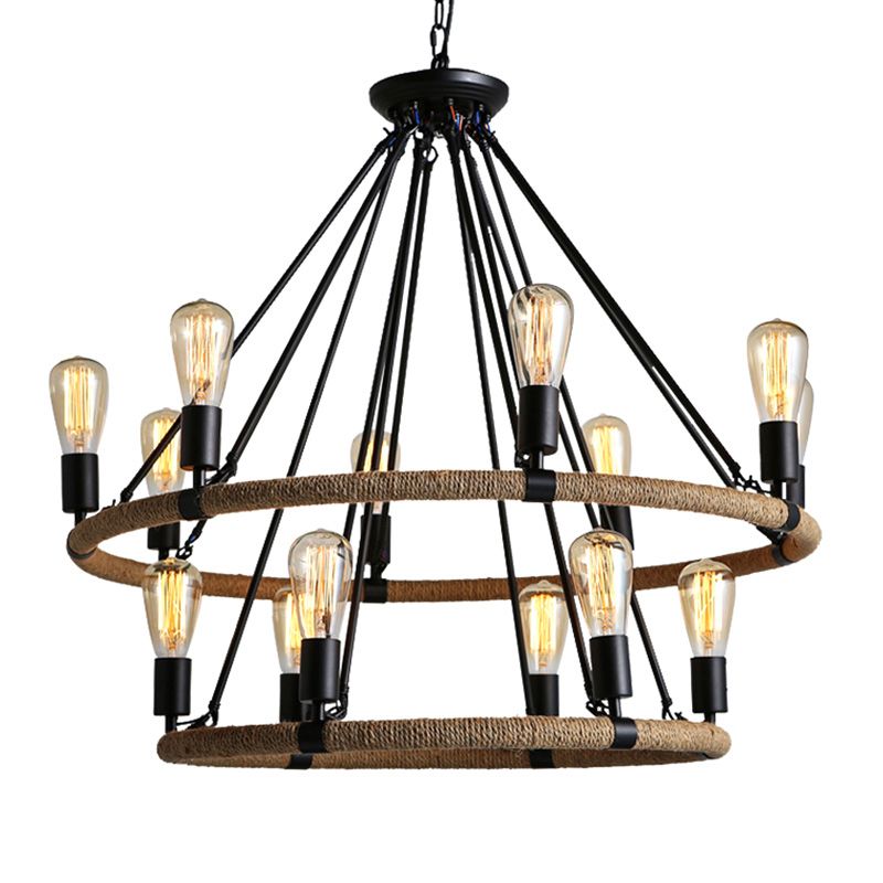Circular Roped Pendant Lighting Country Style 14 Heads Restaurant Chandelier in Brown