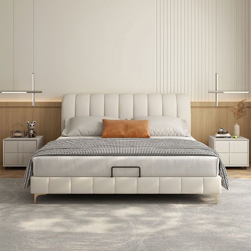 Upholstered Headboard Standard Bed Solid Wood Slat Bed in White