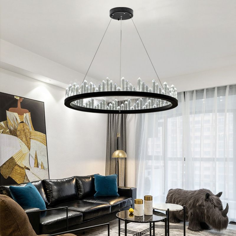 Black Circular LED Pendant Light in Modern Luxury Style Wrought Iron Hanging Lamp with Crystal Shade