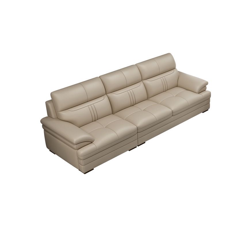 Contemporary Stationary Cream Genuine Leather Recessed Arm Sofa