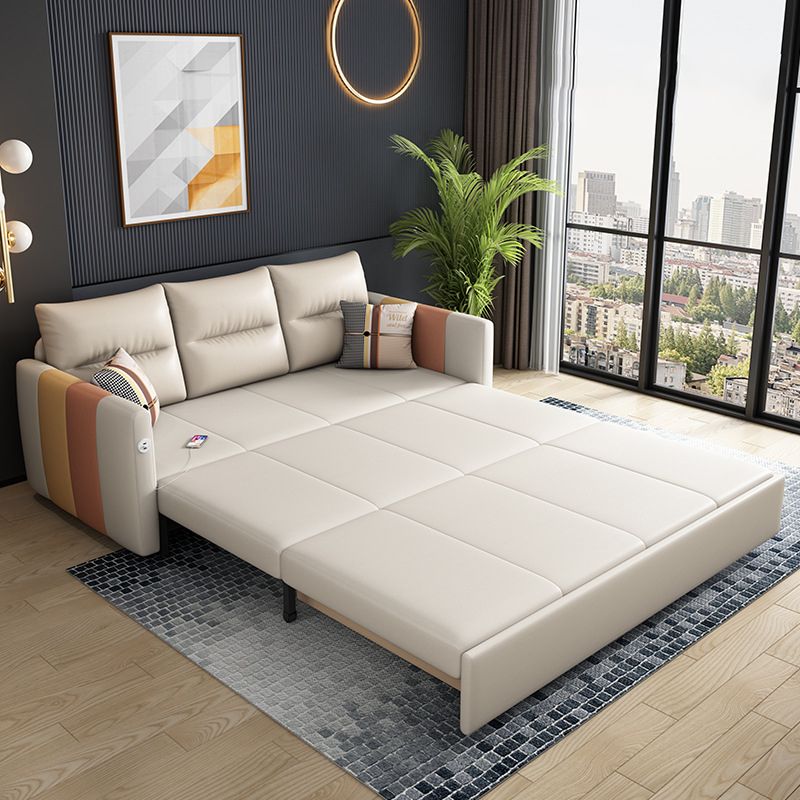 Faux Leather Sofa Stain Resistant Sewn Pillow Back Sofa Bed in Light Brown