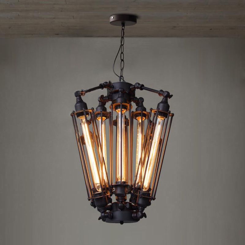 Black 8-Light Pendant Light in Industrial Retro Style Wrought Iron Linear Hanging Lamp