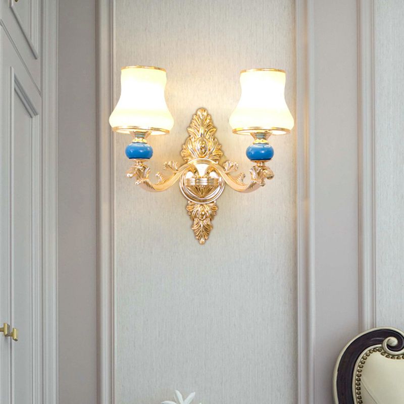 Cream Glass Bud Shade Wall Mount Light Minimalism Living Room Wall Lighting in Gold