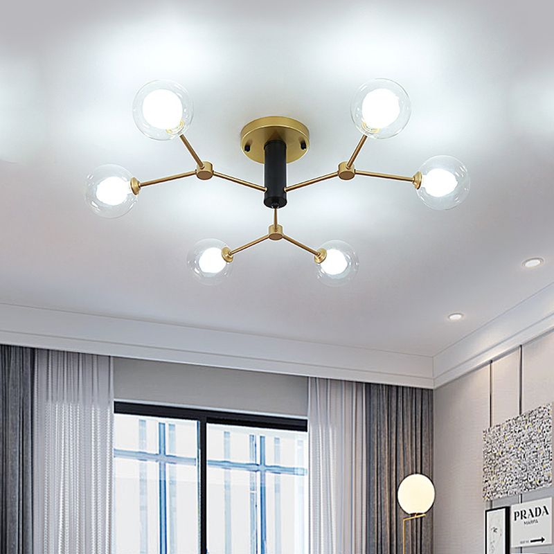 Postmodern Molecule Massimale Light Clear e White Glass 6 Heads Bedroom Semi Flush Montaggio Lighting in Gold