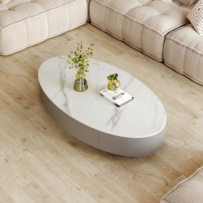 13.7"Tall Drum Oval Slate Top Coffee Table with Drawer for Living Room