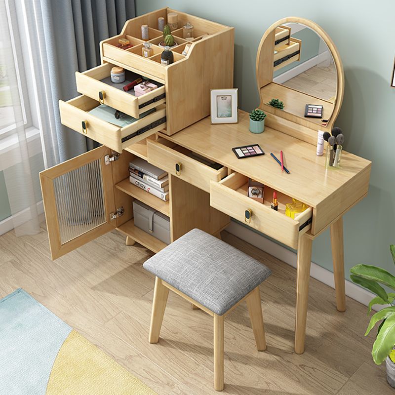 Rubberwood Vanity Set with Stool and Mirror Scandinavian 4 Drawers Dresser