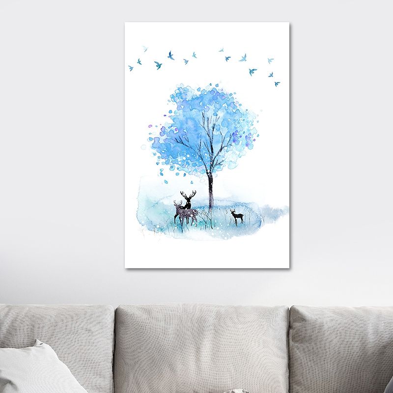 Deer and Tree Watercolor Canvas Print Textured Kids Style Bedroom Wall Art
