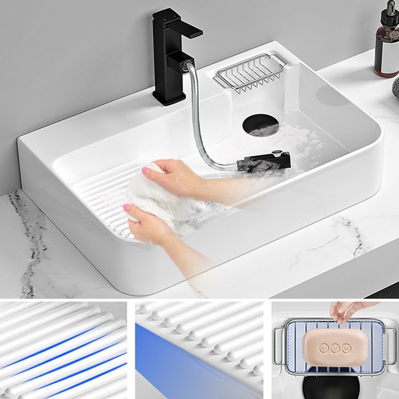 Contemporary Bathroom Sink Porcelain Solid Color Rectangular Vessel Sink with Pop-Up Drain