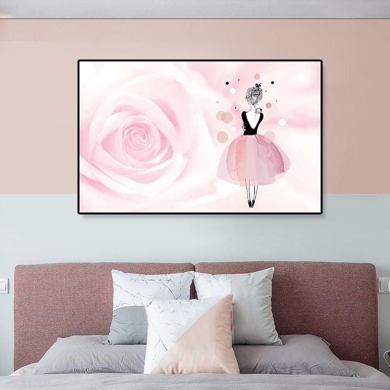 Rose and Ballerina Canvas Glam Trendy Fashion Wall Art Decor in Pink for Bedroom