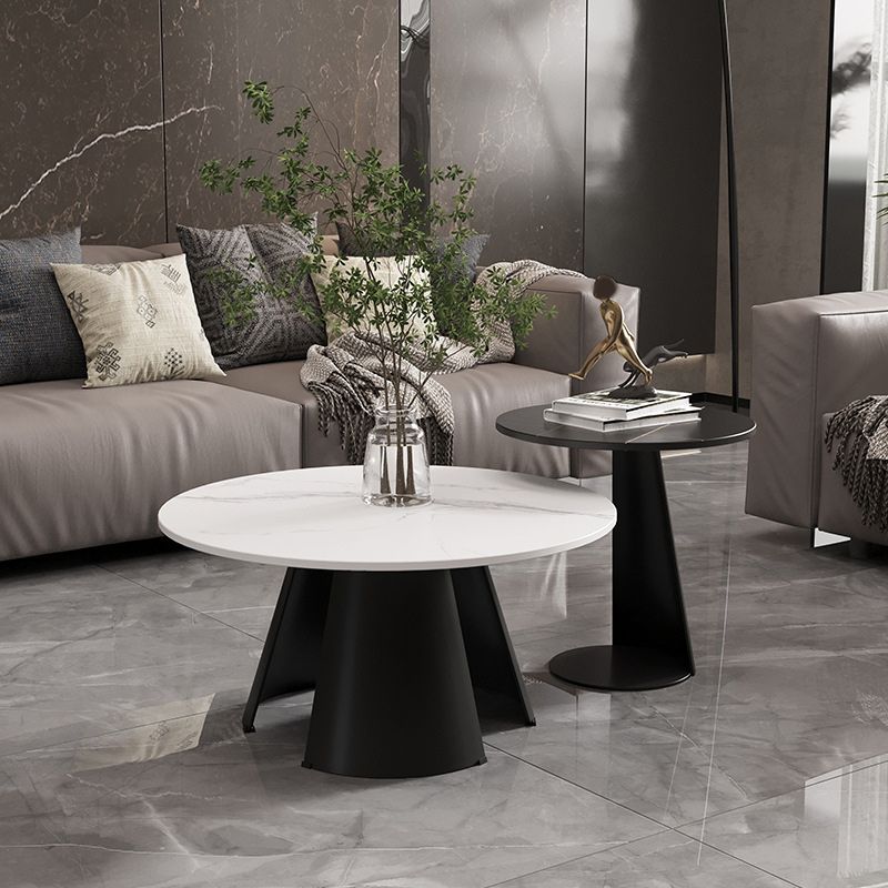 Abstract Base Design Round Slate Table Board Glam Style Metal Leg Coffee Table