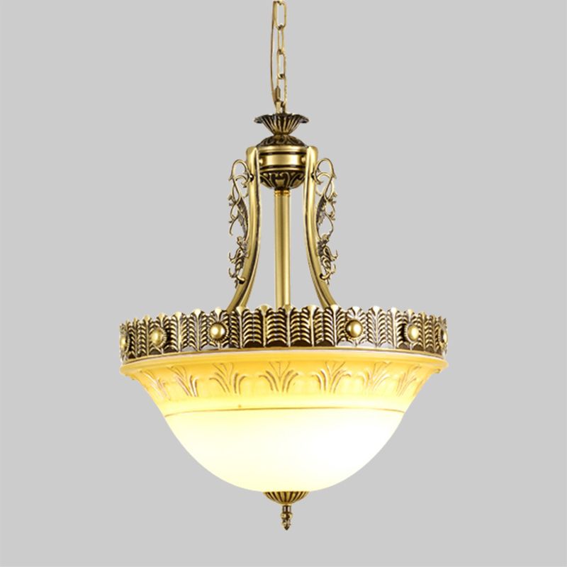 Beige/Brass Bell Shape Hanging Lamp Rustic Style Milky Glass 12"/16"/19.5" Wide Single Head Hallway Down Lighting Pendant