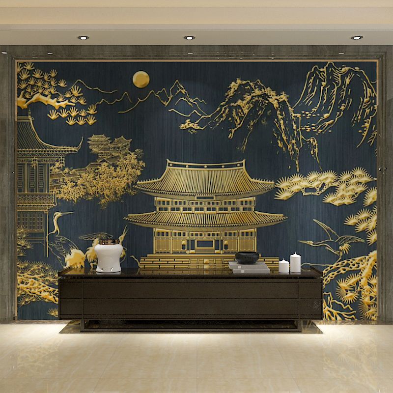 Big Traditional Tower Wall Art Gold Non-Woven Fabric Mural Wallpaper for Home Decor, Custom-Made