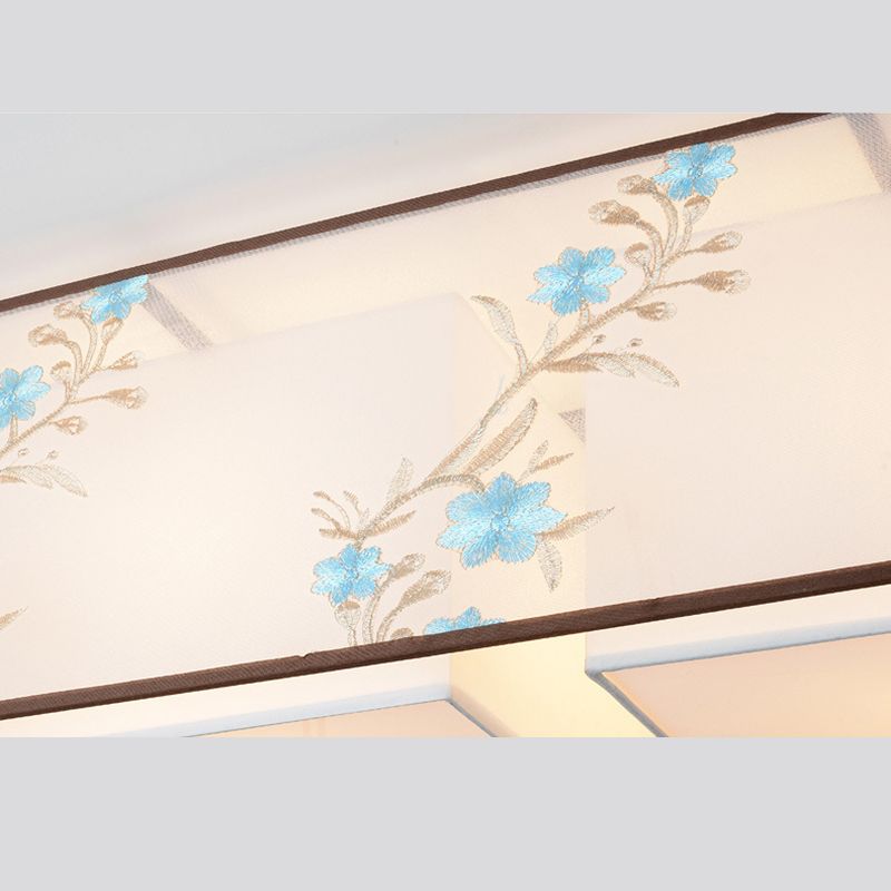 White Geometric Flush Mount in Traditional Concise Style Wrought Iron Ceiling Light with Fabric Shade