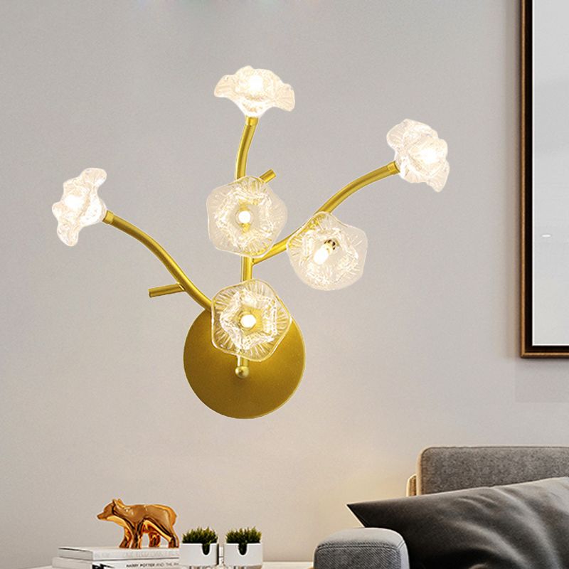 Floral Bedside Sconce Light Fixture Transparent Glass 6 Bulbs Modern Wall Mount Lamp in Gold